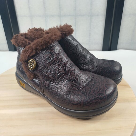 Alegria Meri Boots Tooled Leather & Faux Fur Brown Booties Women 37 / US 7 - Picture 3 of 12